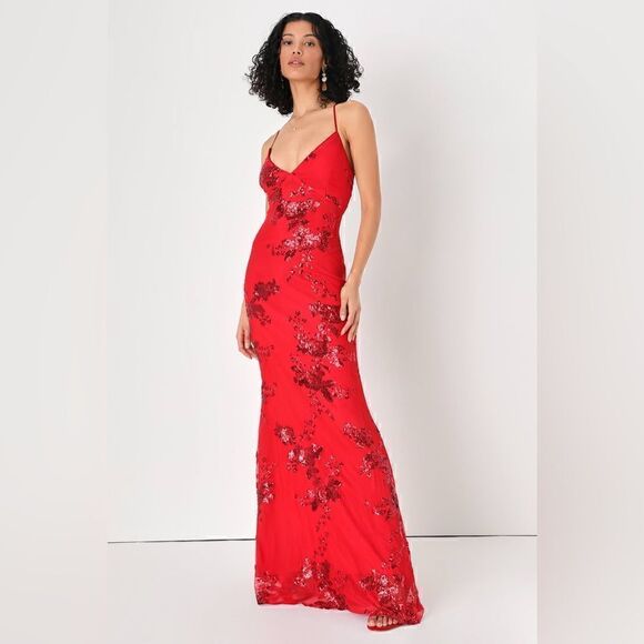 NWT Lulu’s Valhalla red sequin lace up maxi elegant formal dress Sz XL - Picture 12 of 12